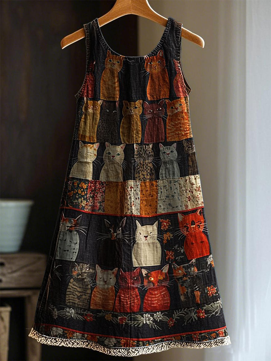Women's Artistic Cat Patchwork Design Print Dress