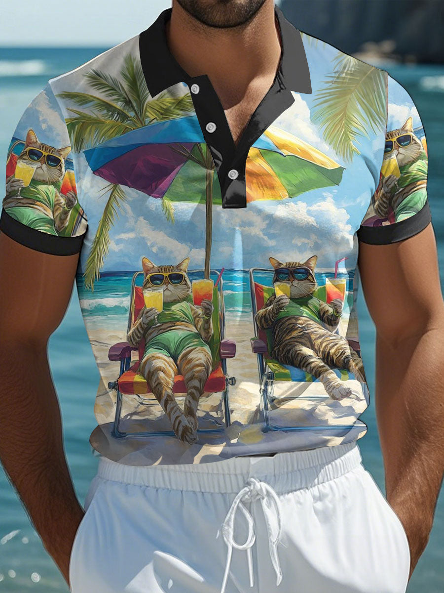 Men's Beach Cat Print Casual Polo Shirt