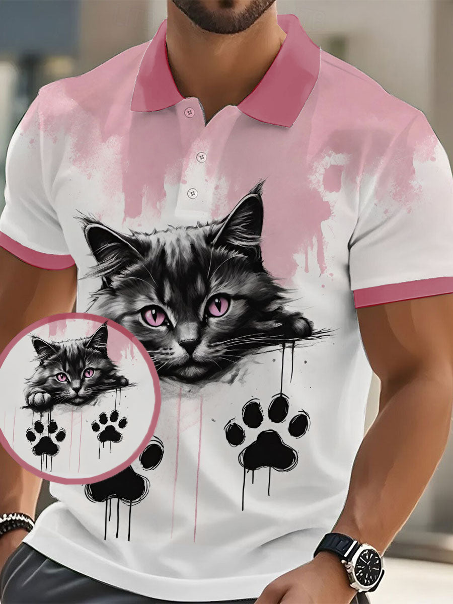 Men's Cat Art Print Casual Polo Shirt