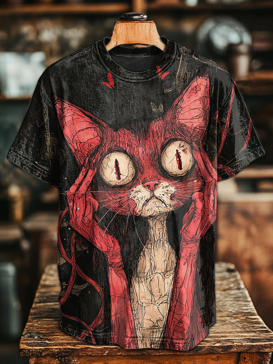 Retro Gothic Cat Illustration Casual T-shirt