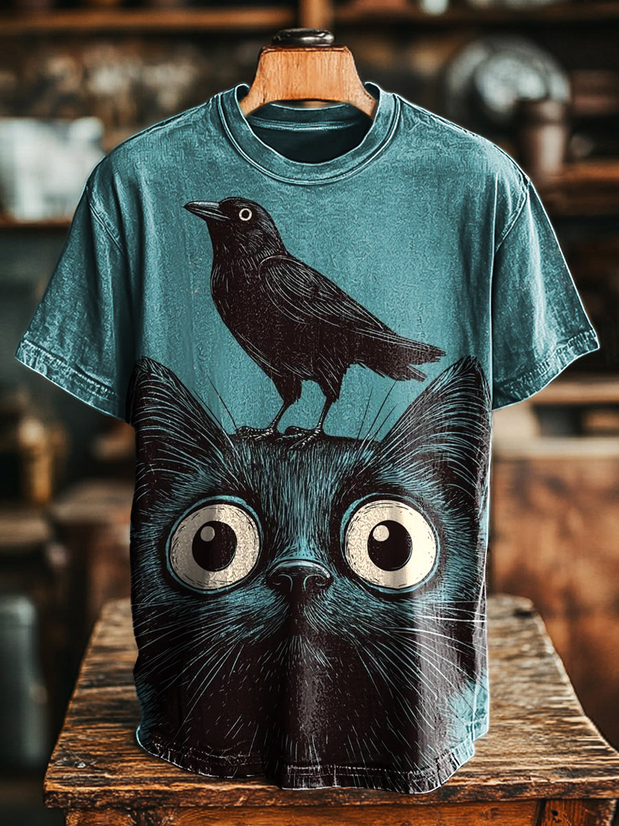 Unisex Vintage Black Cat Crow Print Casual Loose T-Shirt