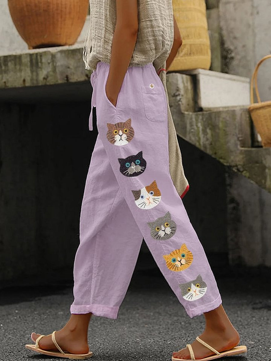 Retro Cute Cat Printed Vintage Casual Loose Cotton Trousers