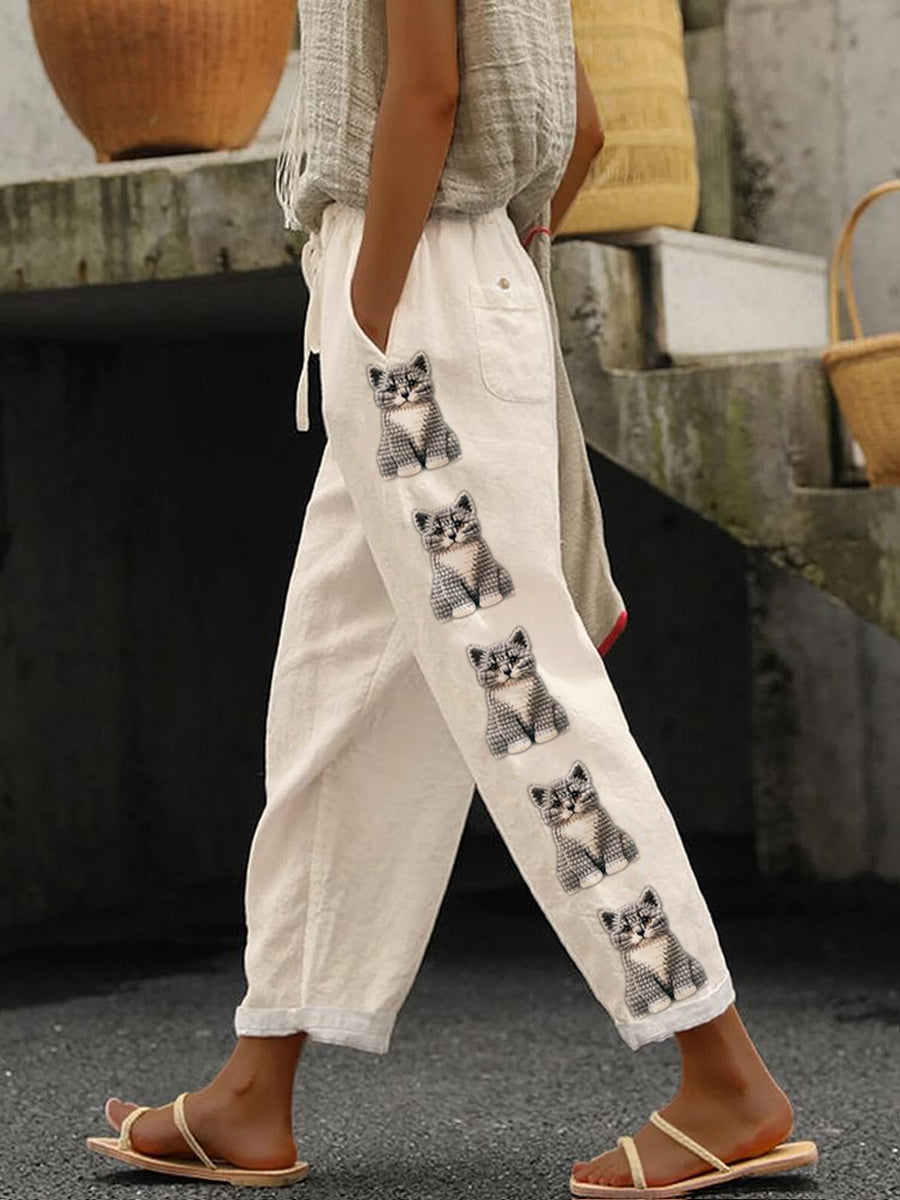Retro Cute Cat Printed Vintage Casual Loose Cotton Trousers