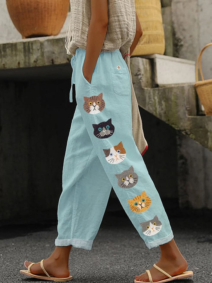 Retro Cute Cat Printed Vintage Casual Loose Cotton Trousers