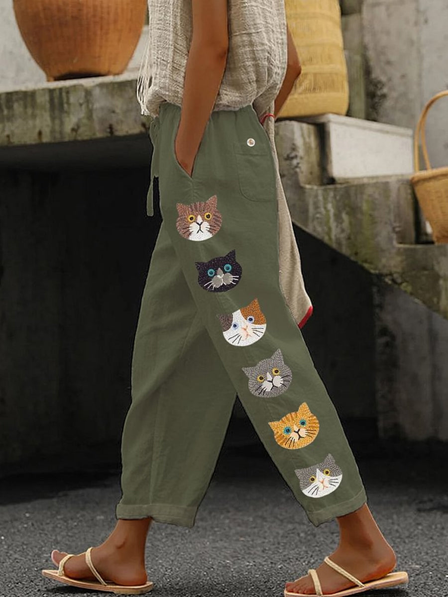 Retro Cute Cat Printed Vintage Casual Loose Cotton Trousers