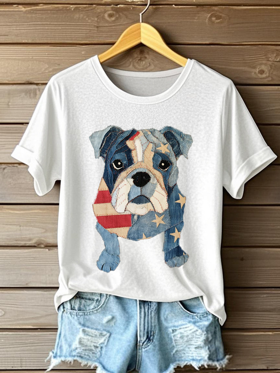 Women's Bulldog Pattern Patchwork Art T-Shirt