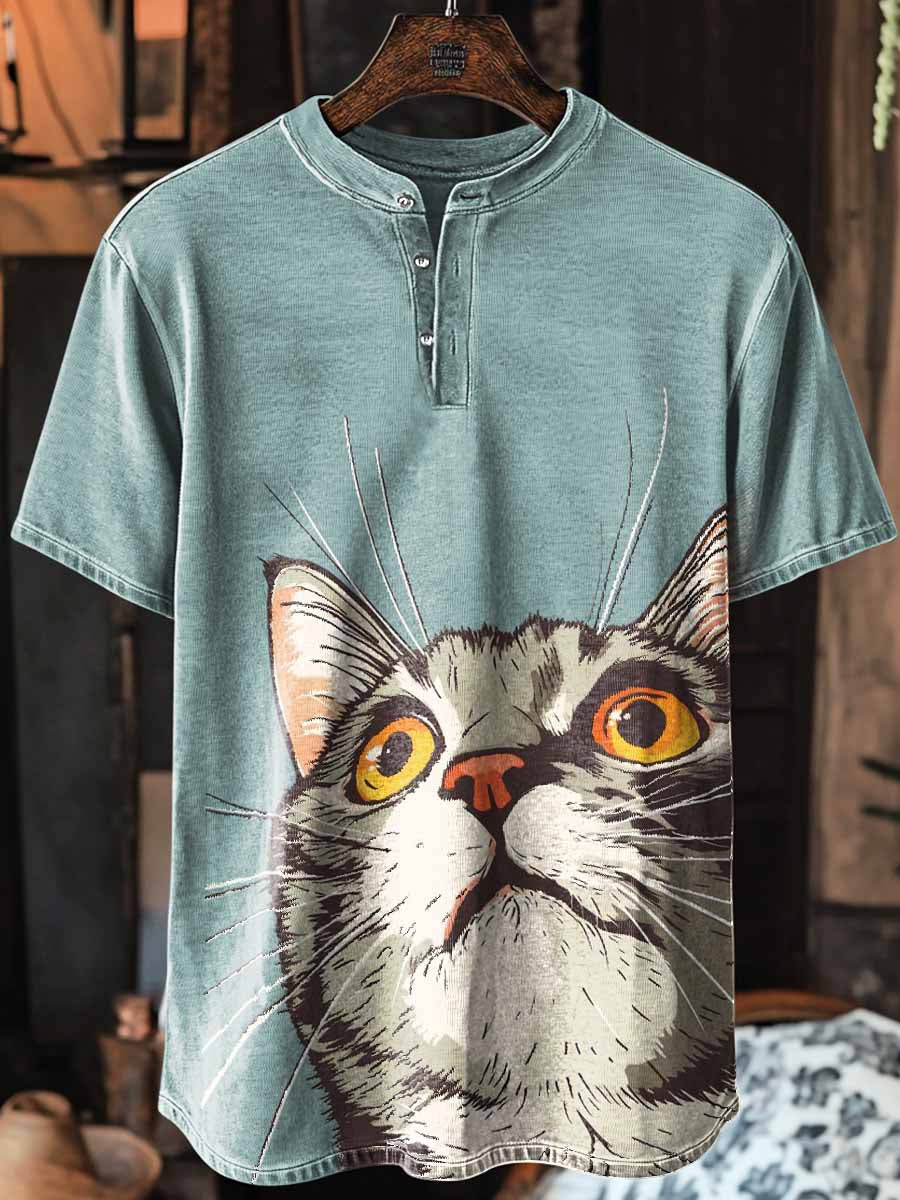 Unisex Funny Cats Print Art Short Sleeve Henley Neck T-Shirt