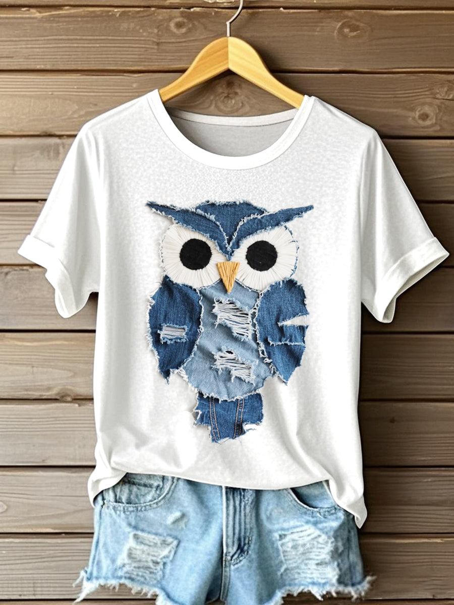 Women's Owl Pattern Patchwork Art Short Sleeve T-Shirt