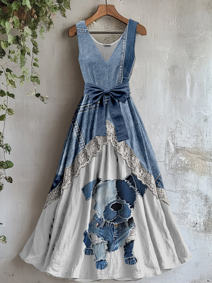 Retro Denim Cute Dog Art Print Vintage V-Neck Lace Patch Sleeveless Maxi Dress