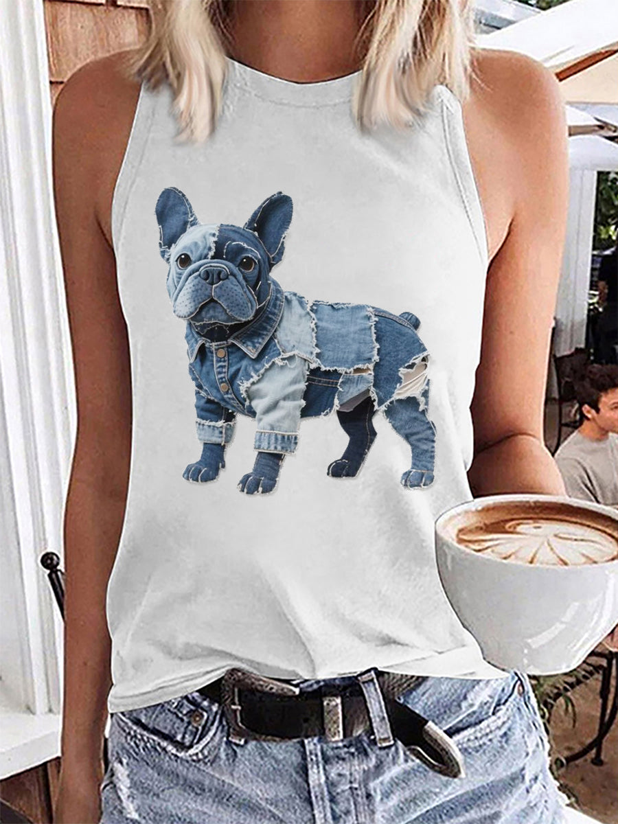 Women's Bulldog Pattern Patchwork Art Tank Top
