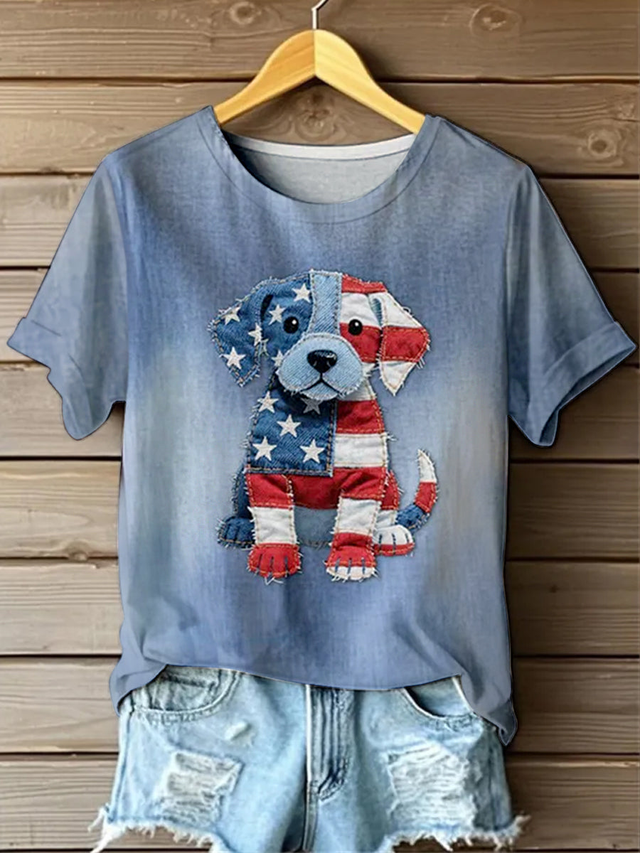 Retro American Flag Lovely Dog Denim Pattern Printed Vintage Round Neck Short Sleeves T-Shirt