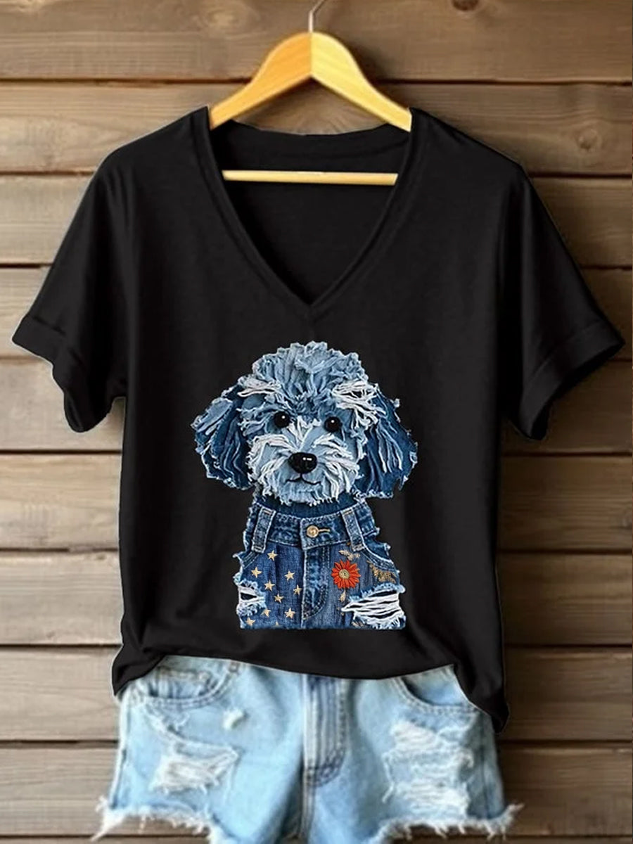 Retro American Flag Lovely Dog Denim Pattern Printed Vintage V-Neck Short Sleeves T-Shirt