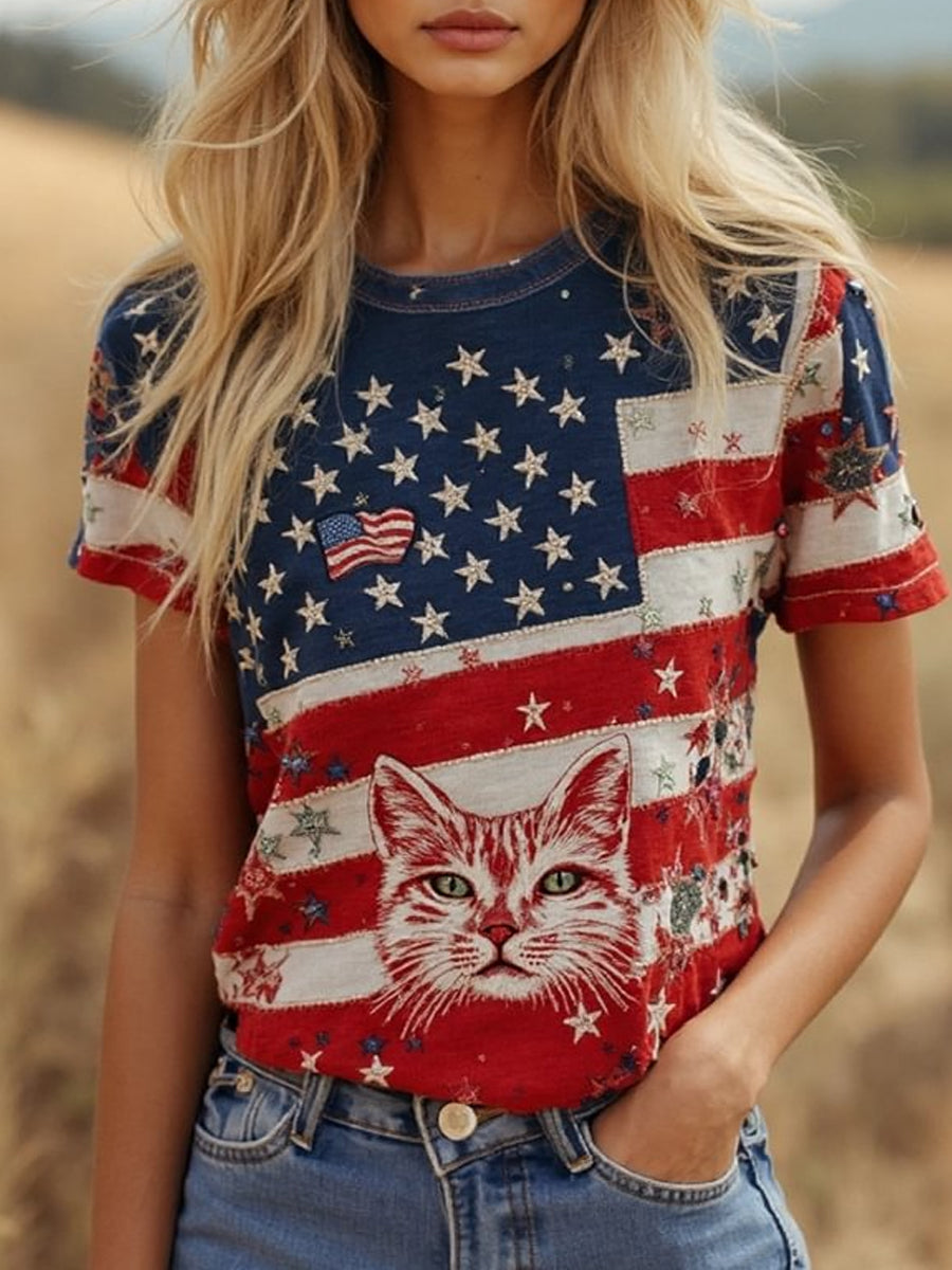 Retro Stars Stripes Lovely Cat Pattern Printed Vintage Round Neck Short Sleeves T-Shirt