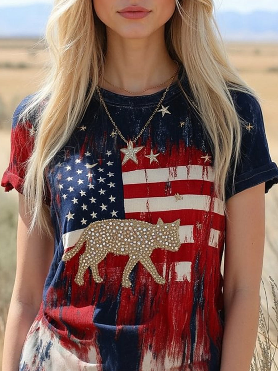 Retro Stars Stripes Lovely Cat Pattern Printed Vintage Round Neck Short Sleeves T-Shirt