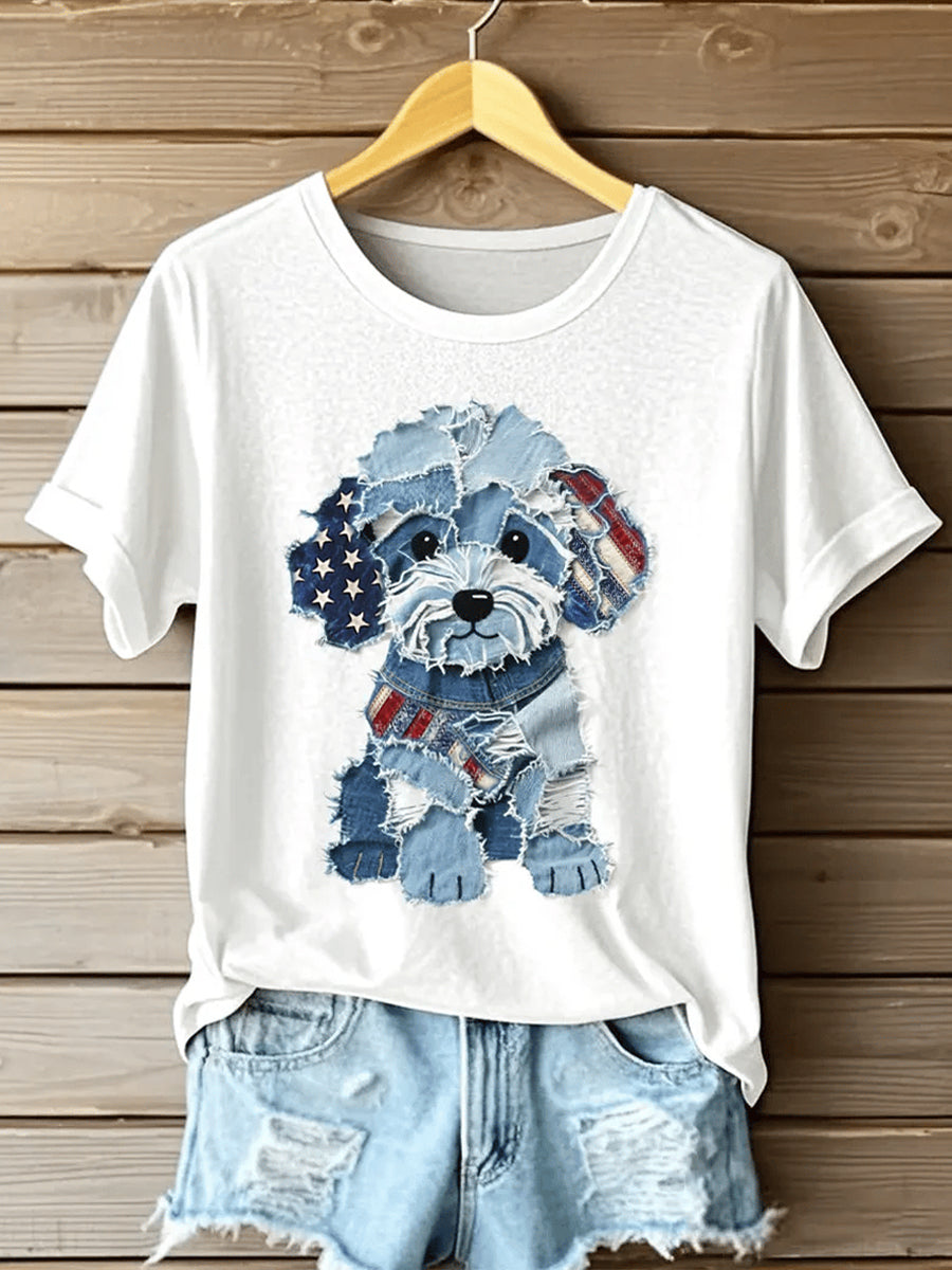 Retro Stars Stripes Lovely Dog Denim Pattern Printed Vintage Round Neck Short Sleeves T-Shirt