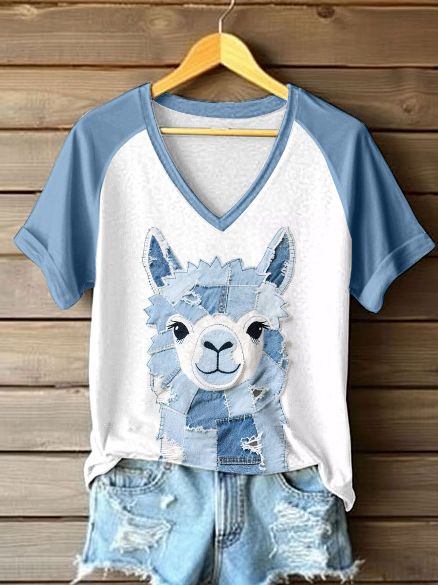 Women's Cute Alpaca Pattern Patchwork Art V-Neck T-Shirt