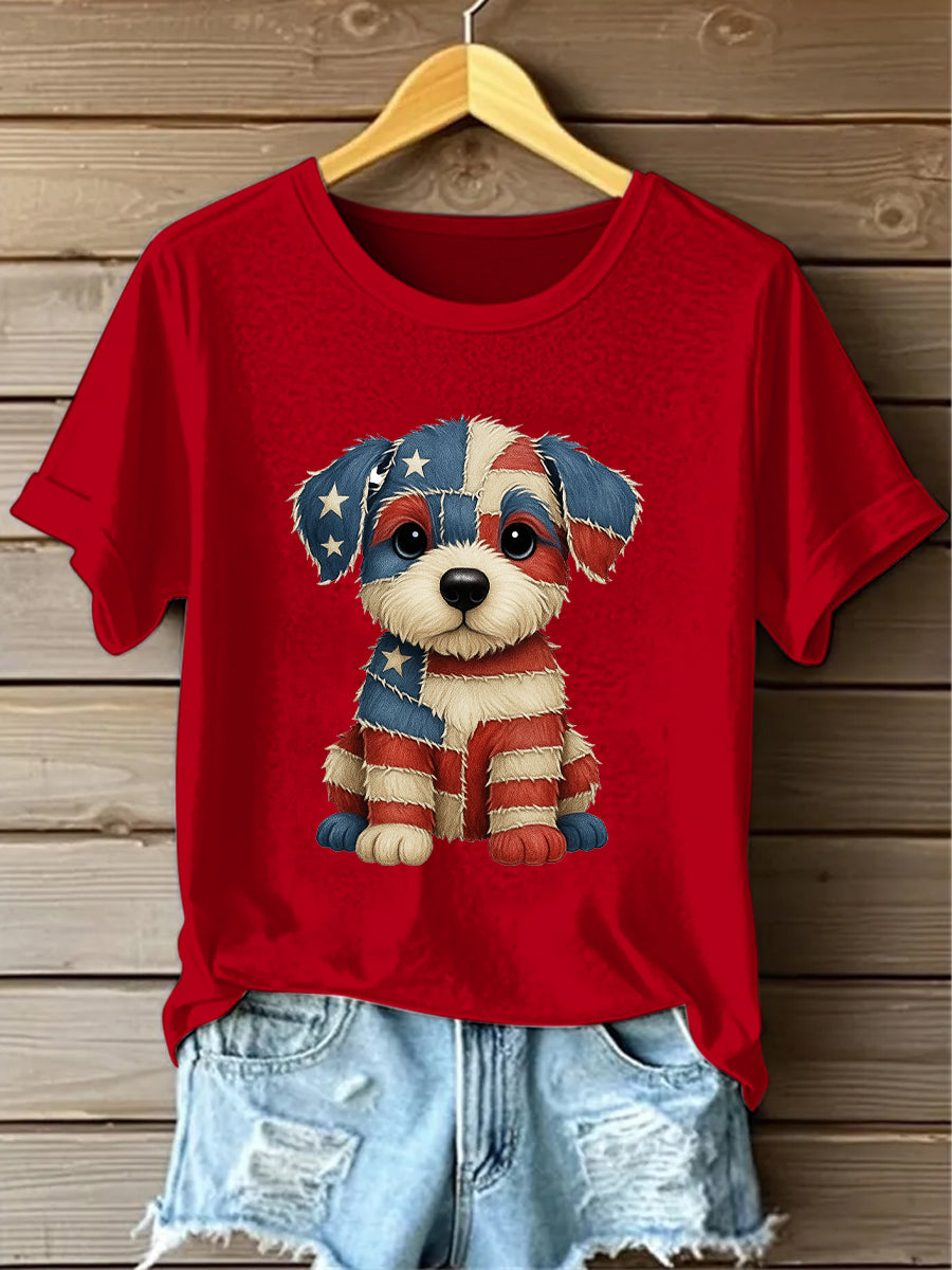 Retro American Flag Lovely Dog Denim Pattern Printed Vintage Round Neck Short Sleeves T-Shirt