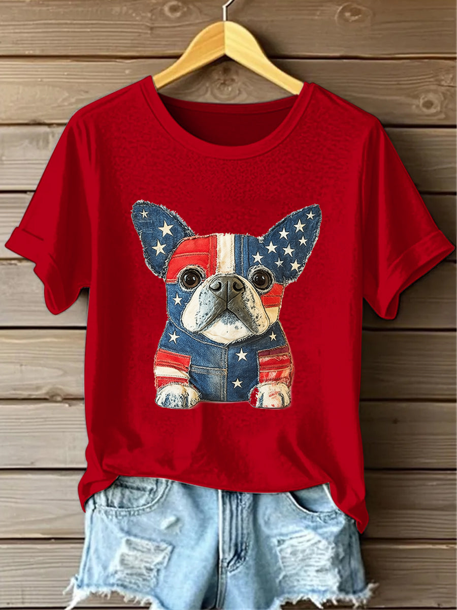 Retro American Flag Lovely Dog Denim Pattern Printed Vintage Round Neck Short Sleeves T-Shirt