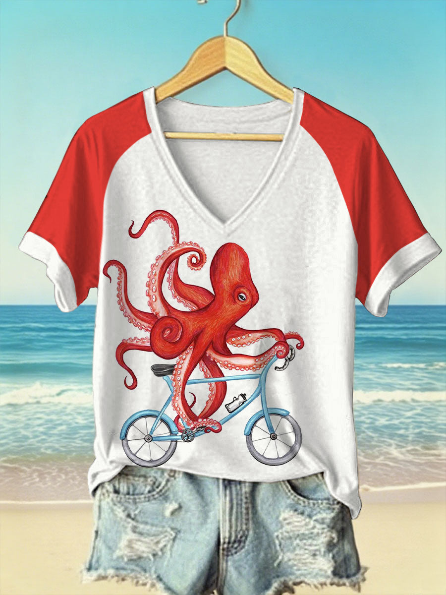 Women's cycling fun octopus print V-neck t-shirts
