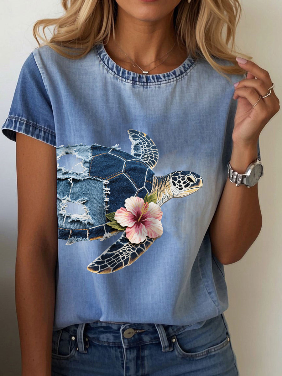 Women's Hawaiian Denim Turtle Hibiscus T-shirt