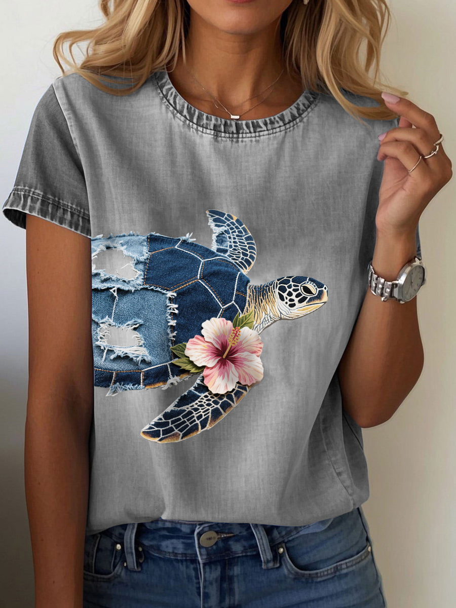 Women's Hawaiian Denim Turtle Hibiscus T-shirt