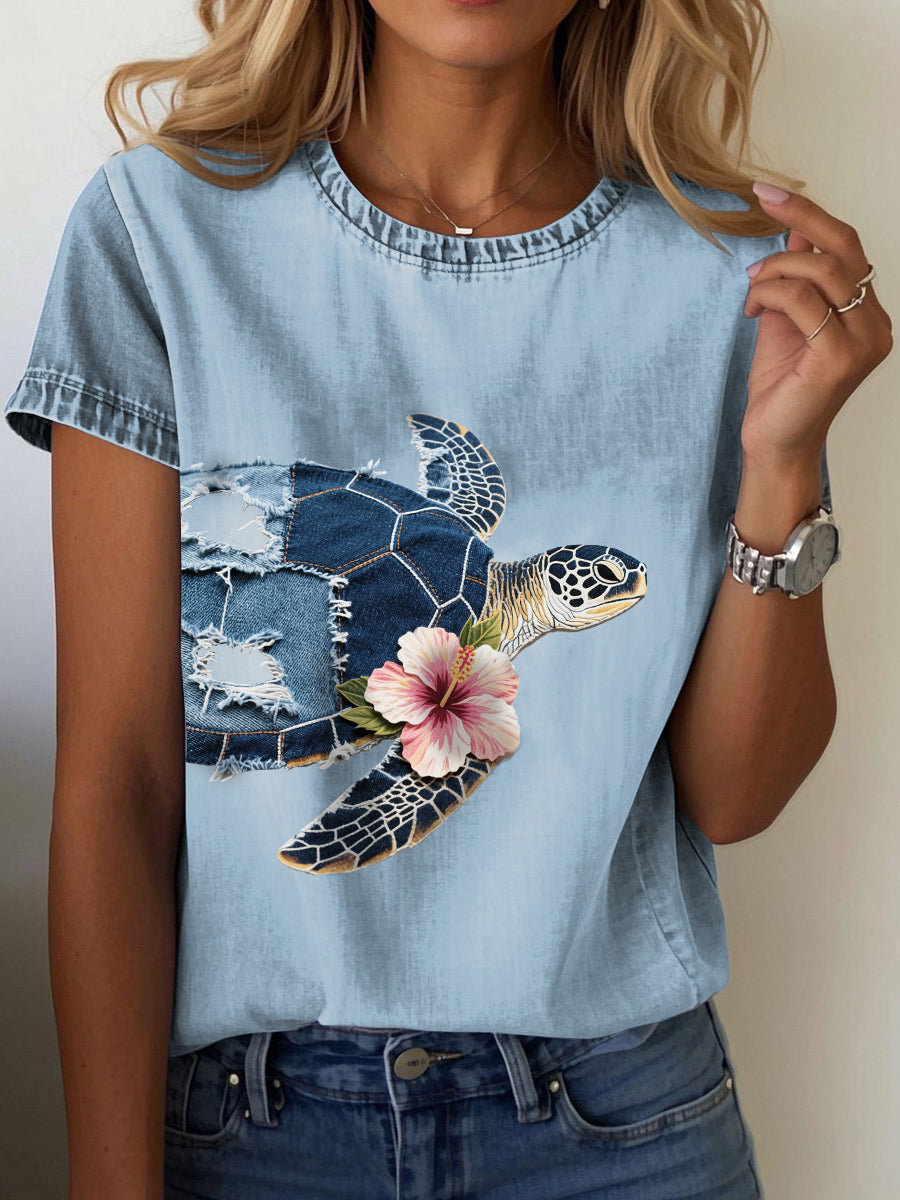 Women's Hawaiian Denim Turtle Hibiscus T-shirt