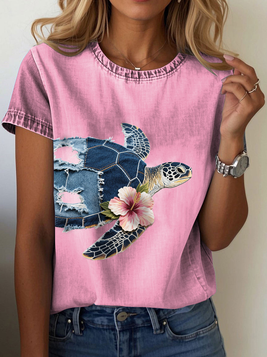 Women's Hawaiian Denim Turtle Hibiscus T-shirt