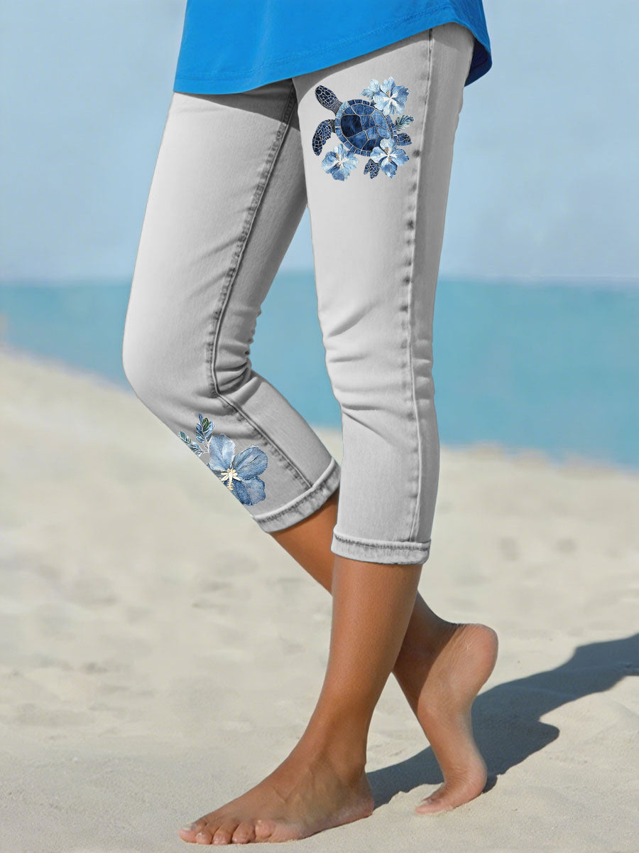 Women's Hawaiian Denim Turtle Hibiscus Cropped leggings