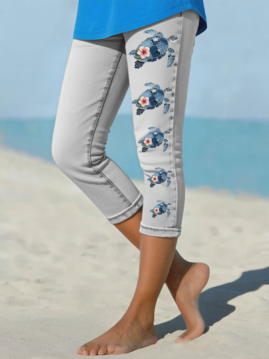 Women's Hawaiian Denim Turtle Hibiscus Cropped leggings