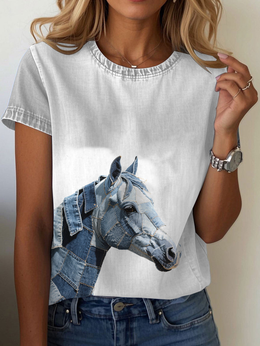 Women's denim horse print T-shirt