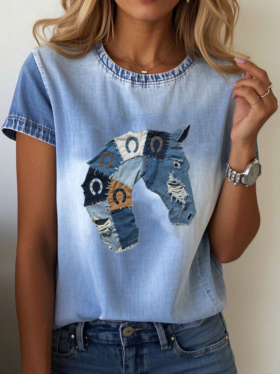Women's denim horse print T-shirt