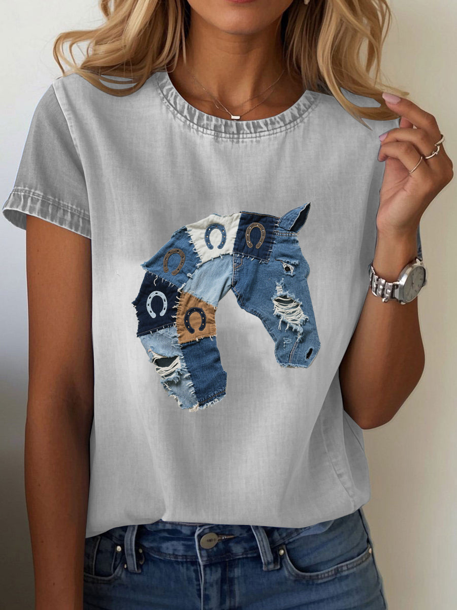 Women's denim horse print T-shirt