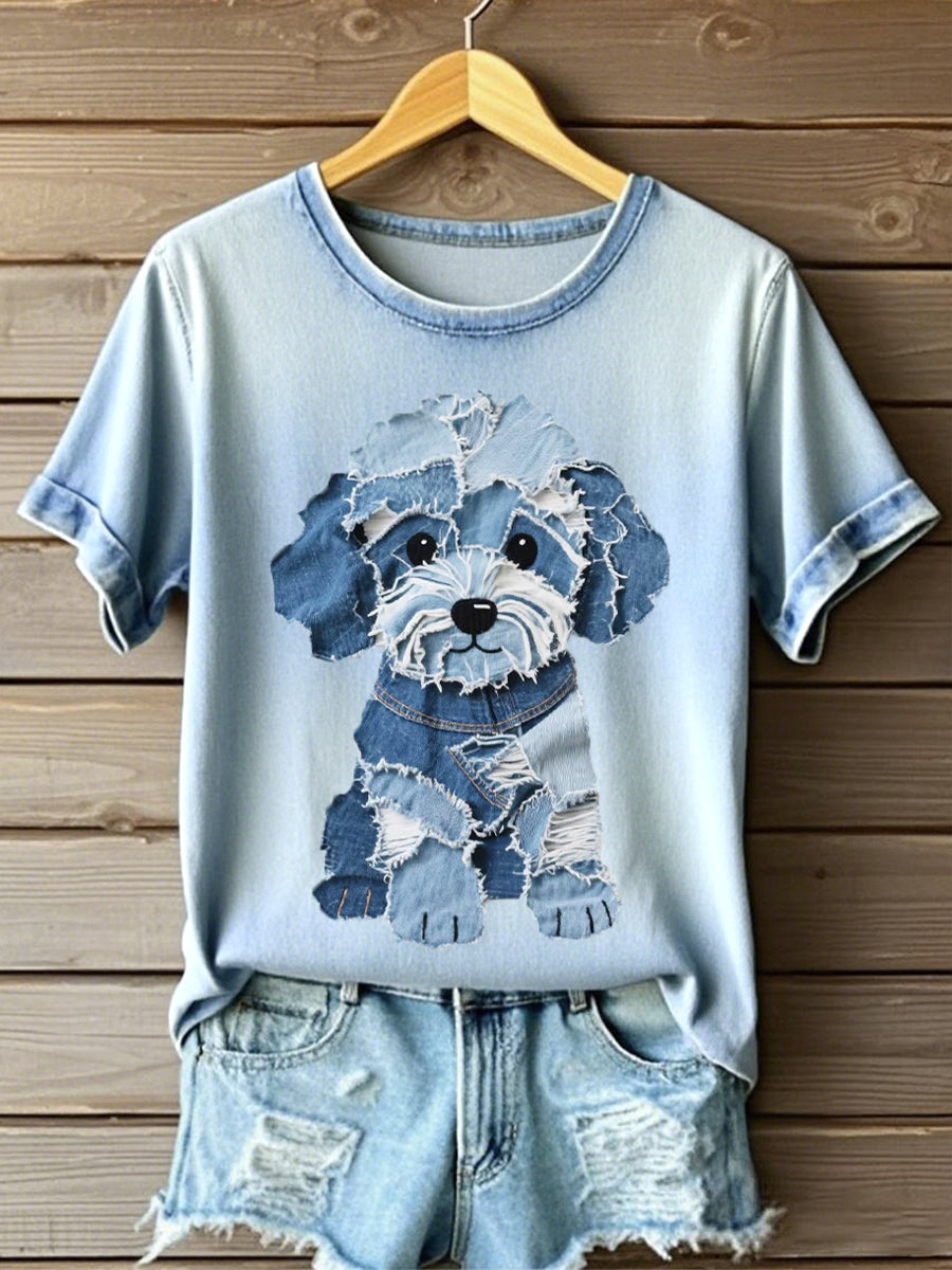 Women's Fluffy Puppy Pattern Patchwork Art T-Shirt