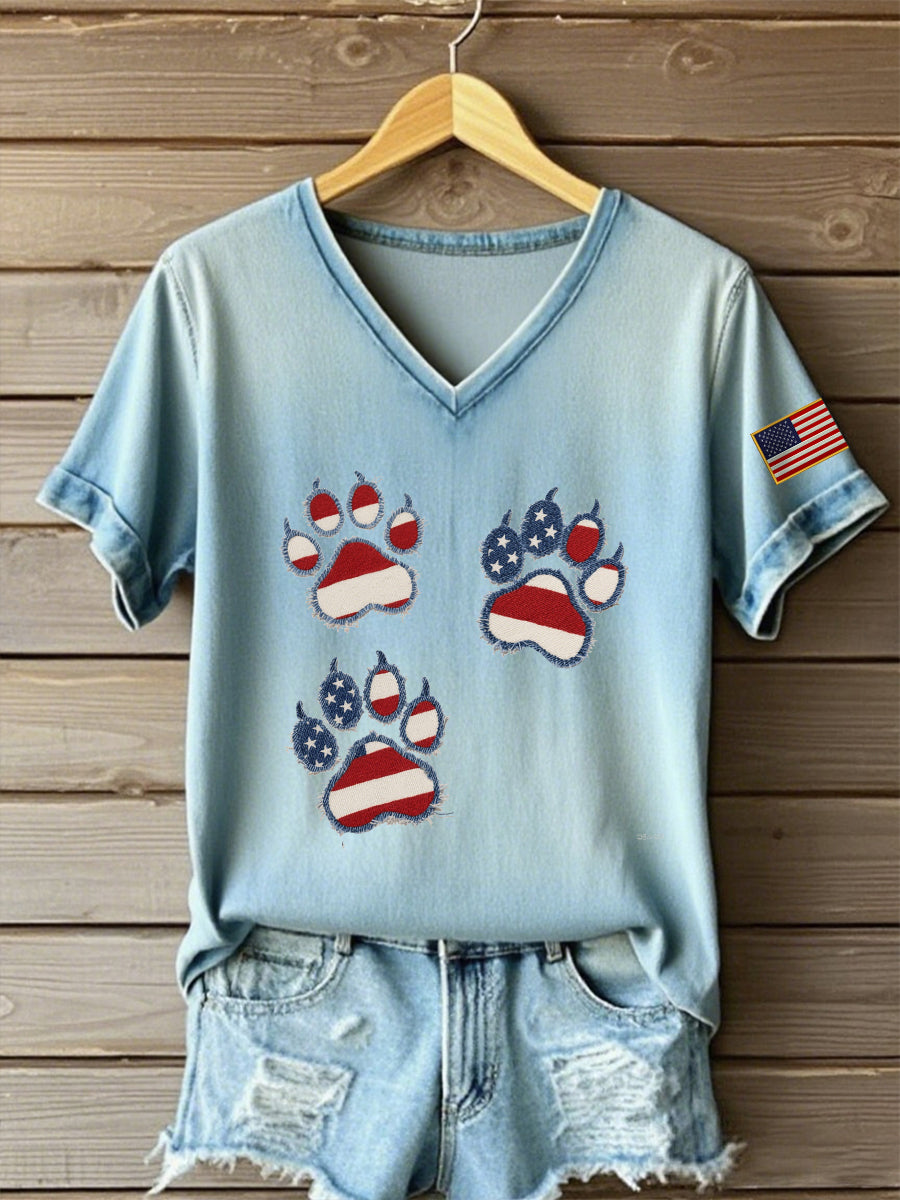 Women's Independence Day denim cat's paw T-shirt