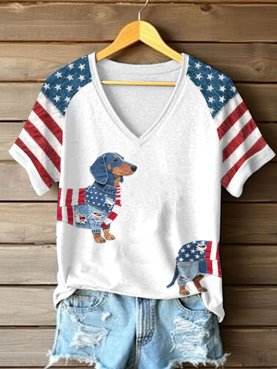 Women's Independence Day Dachshund Pattern Patchwork Art T-Shirt