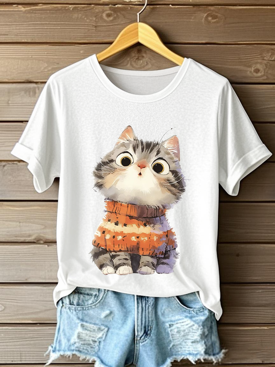 Women's Cute Cat Print Casual T-shirt