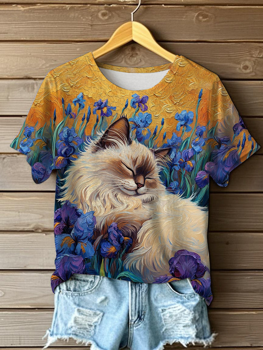 Women's Oil Painting Cute Flowers Cat Short-sleeve T-shirt