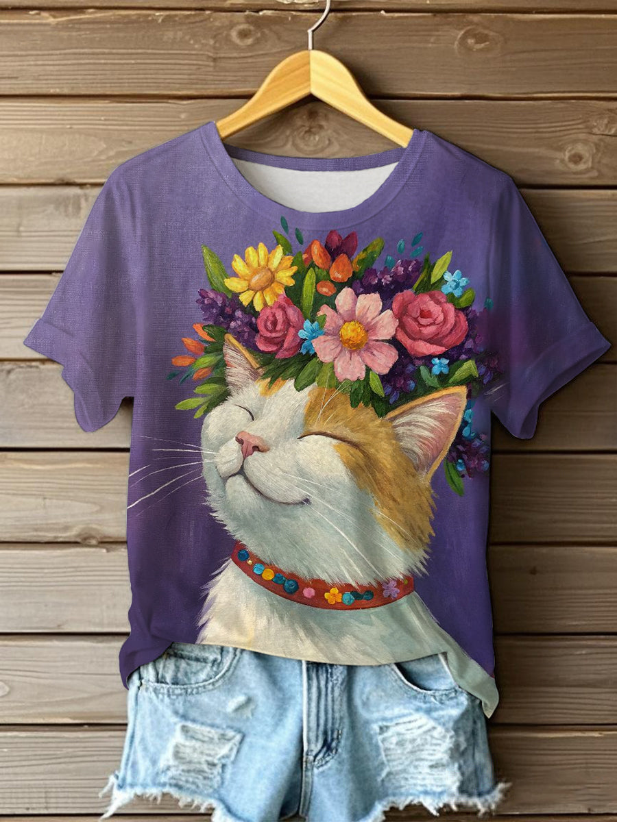 Women's Oil Painting Cute Flowers Cat Short-sleeve T-shirt
