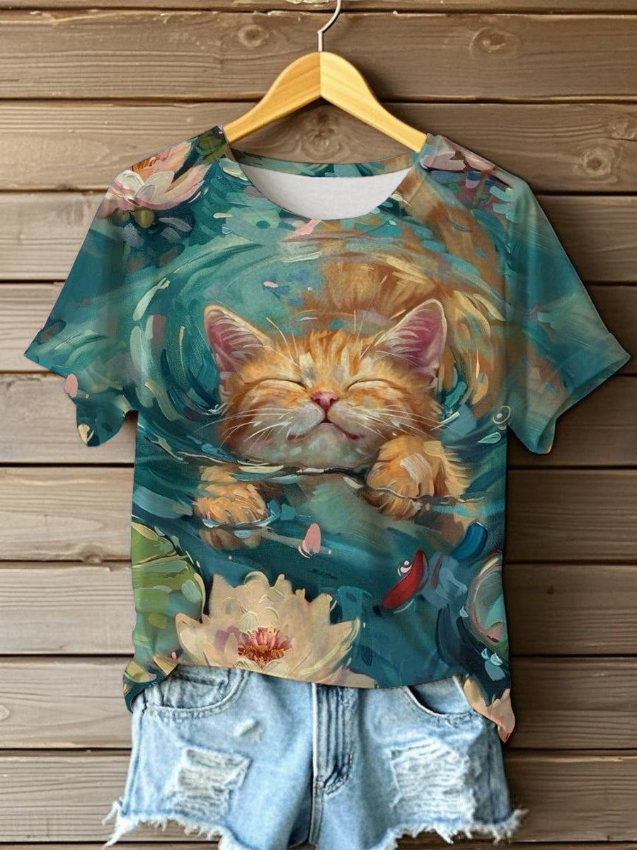 Women's Oil Painting Cute Flowers Cat Short-sleeve T-shirt