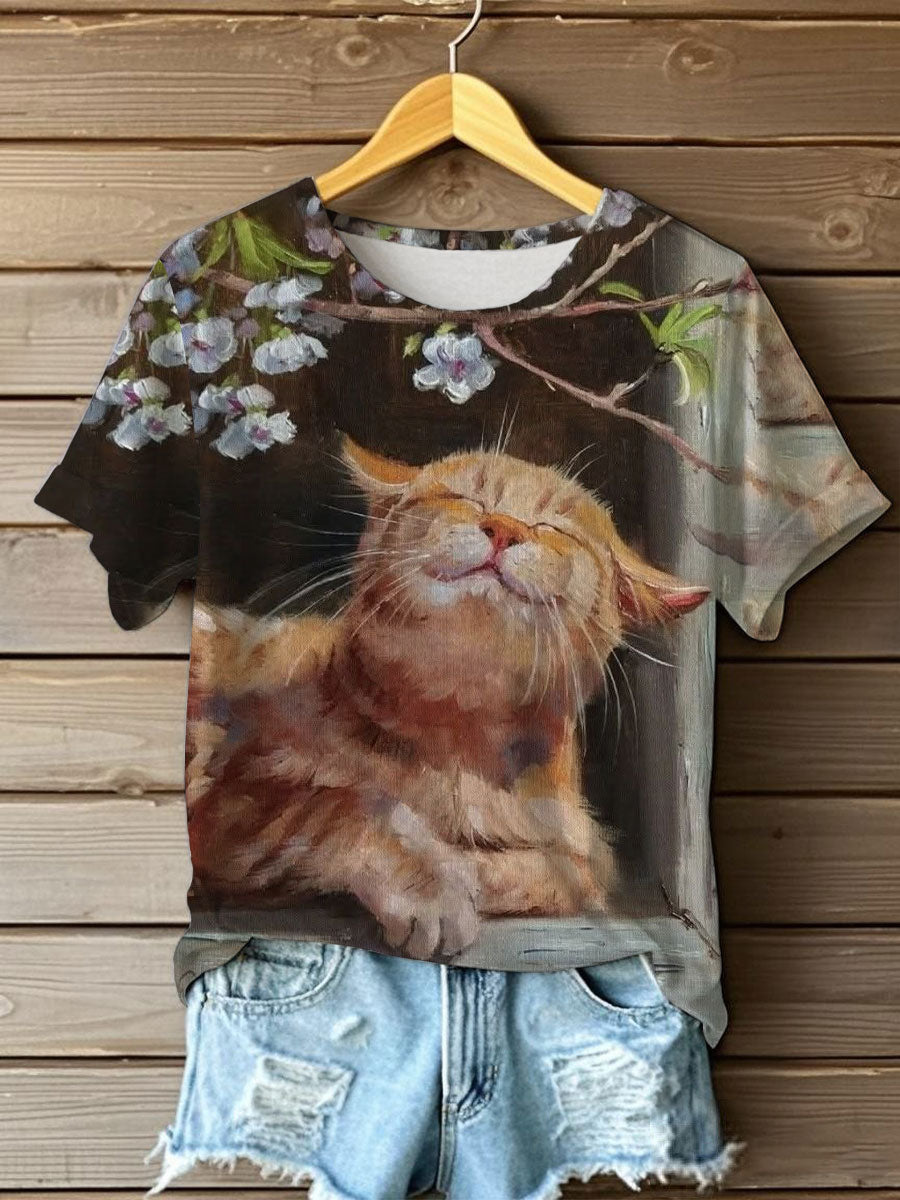 Women's Oil Painting Cute Flowers Cat Short-sleeve T-shirt