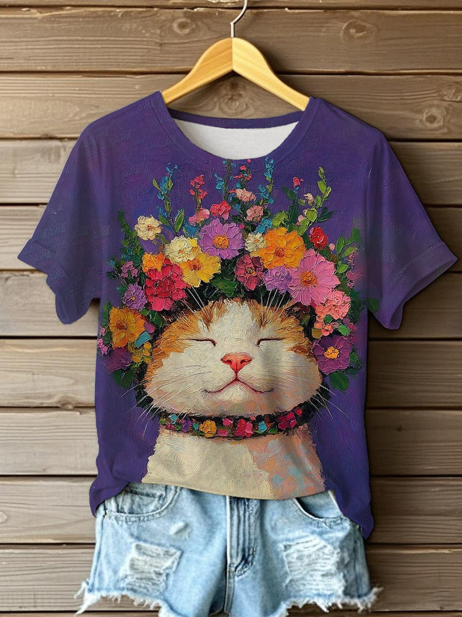Women's Oil Painting Cute Flowers Cat Short-sleeve T-shirt