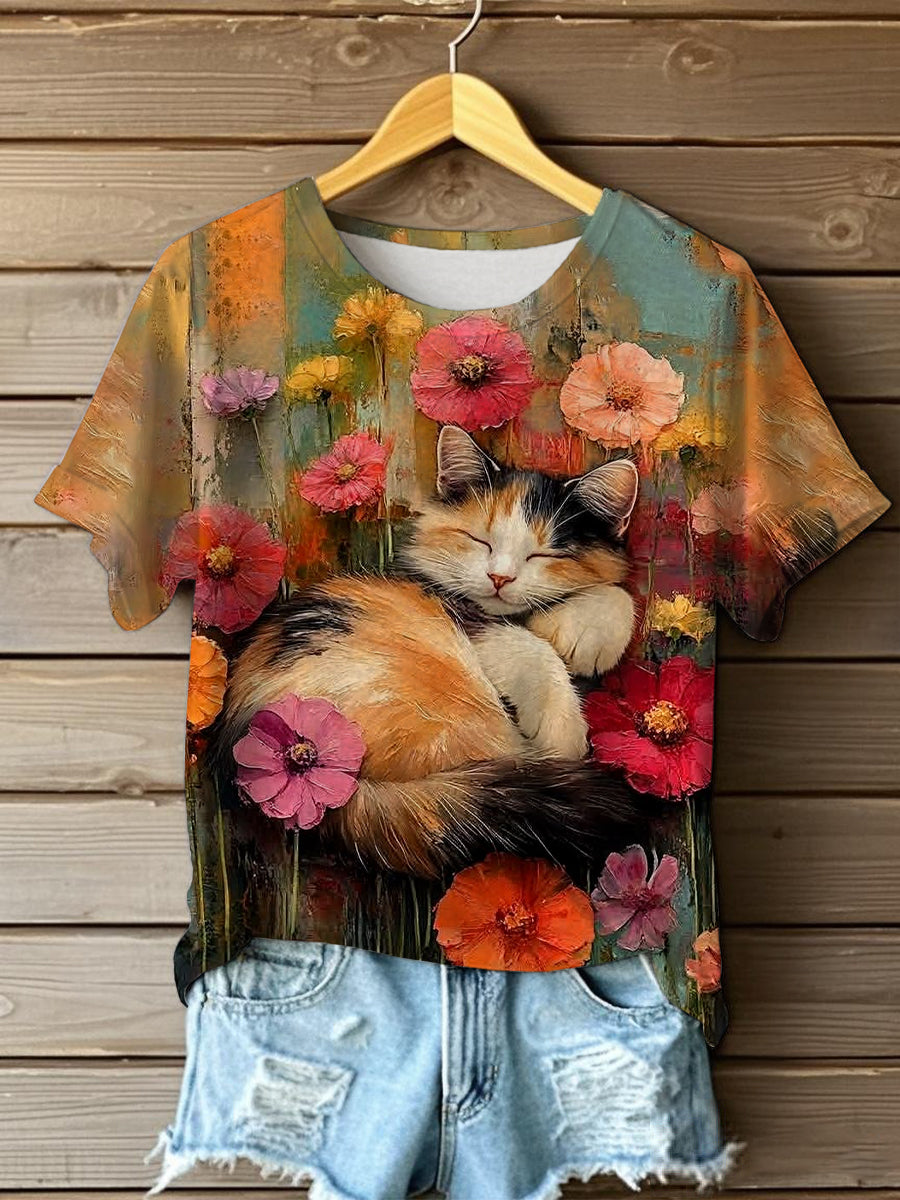 Women's Oil Painting Cute Flowers Cat Short-sleeve T-shirt