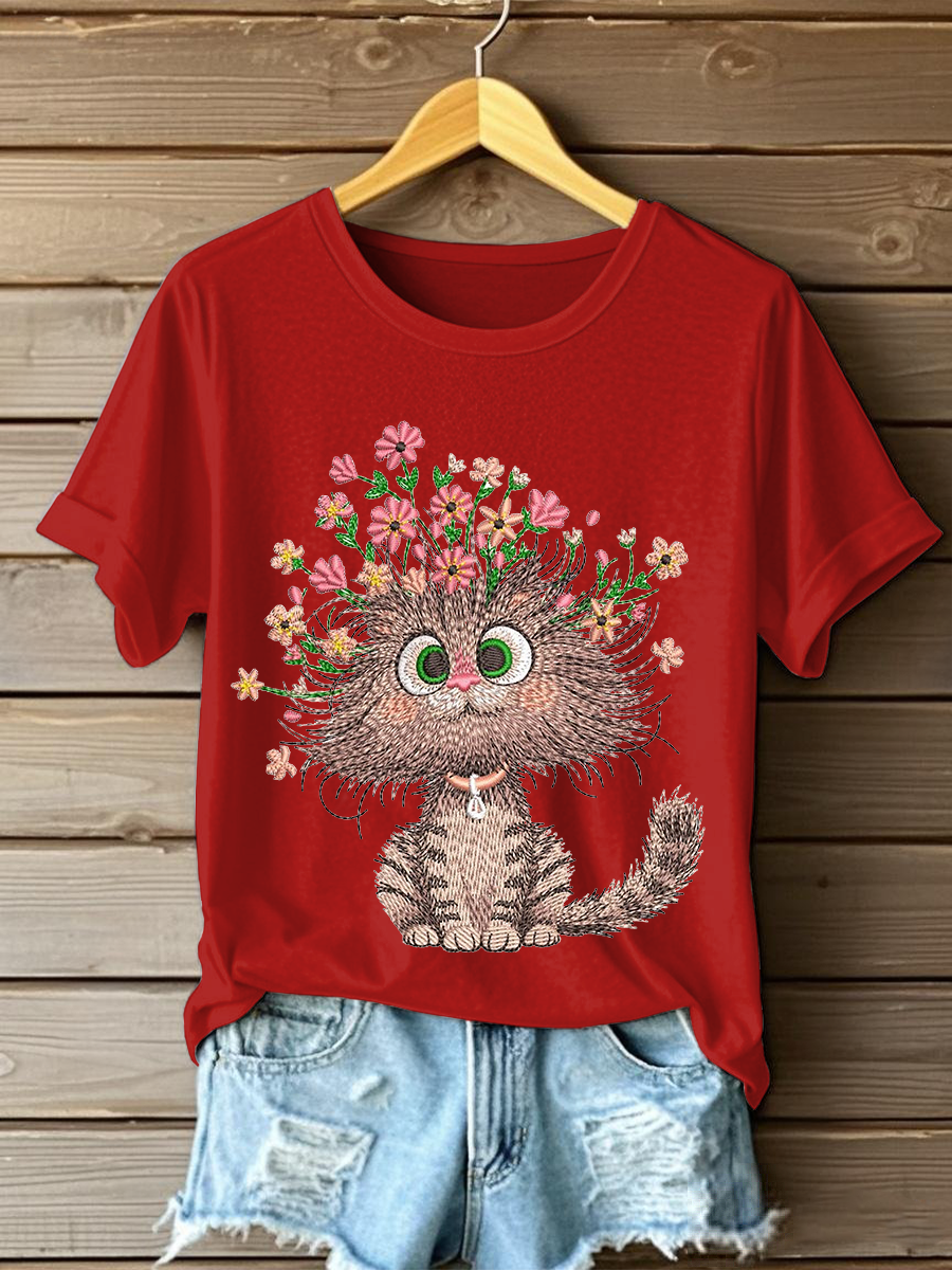 Women's Floral Cat Embroidery Casual T-Shirt