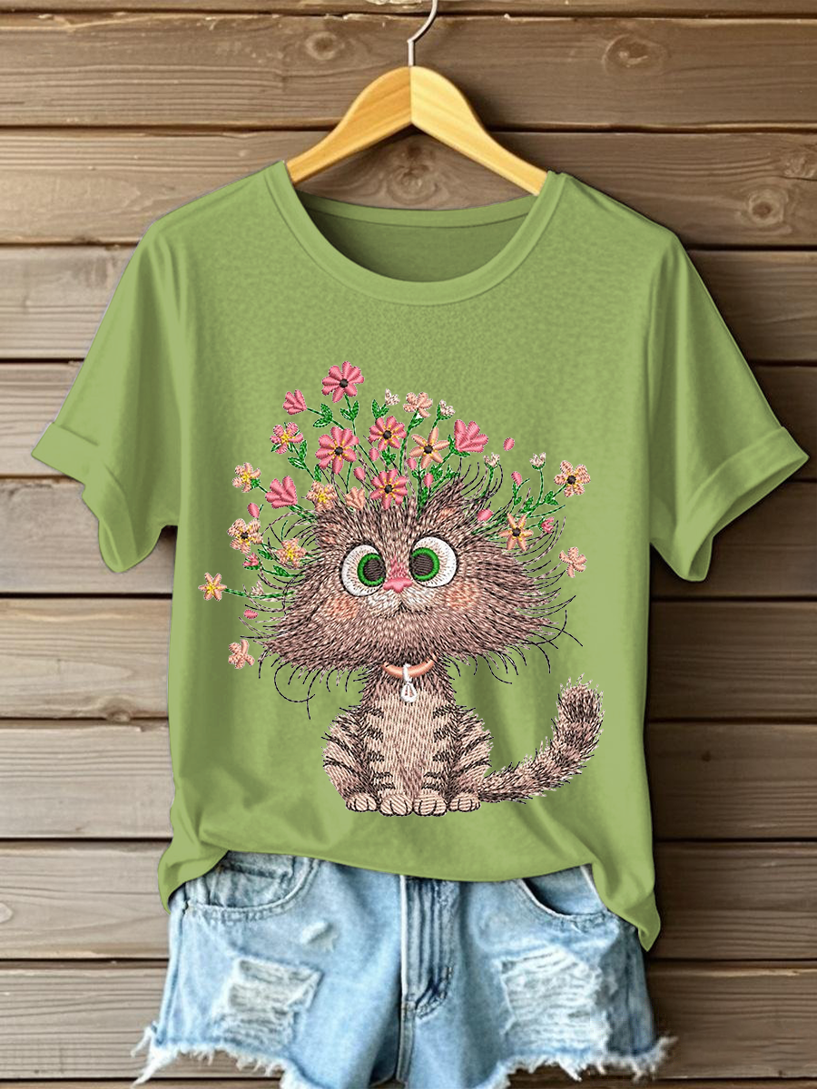 Women's Floral Cat Embroidery Casual T-Shirt