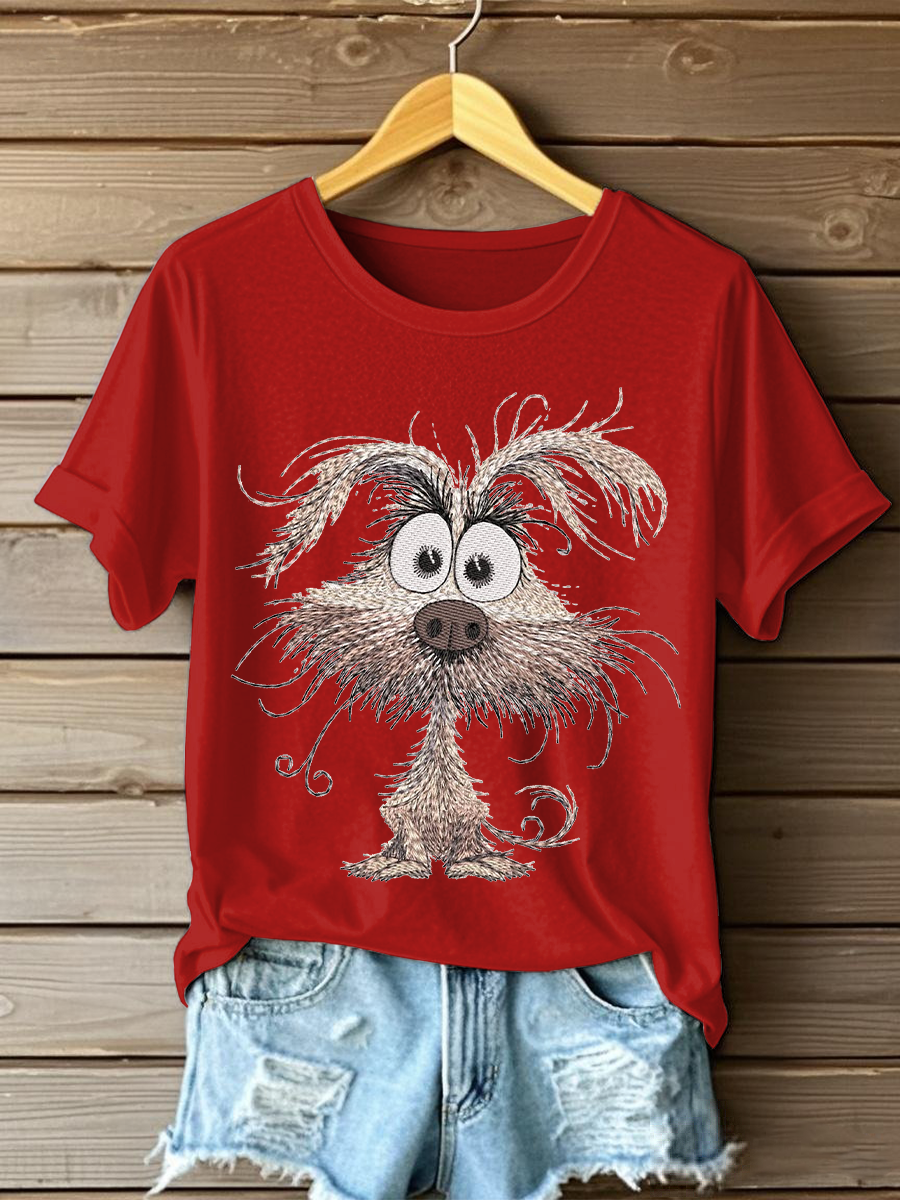 Women's Dog Embroidery Printed Casual T-Shirt
