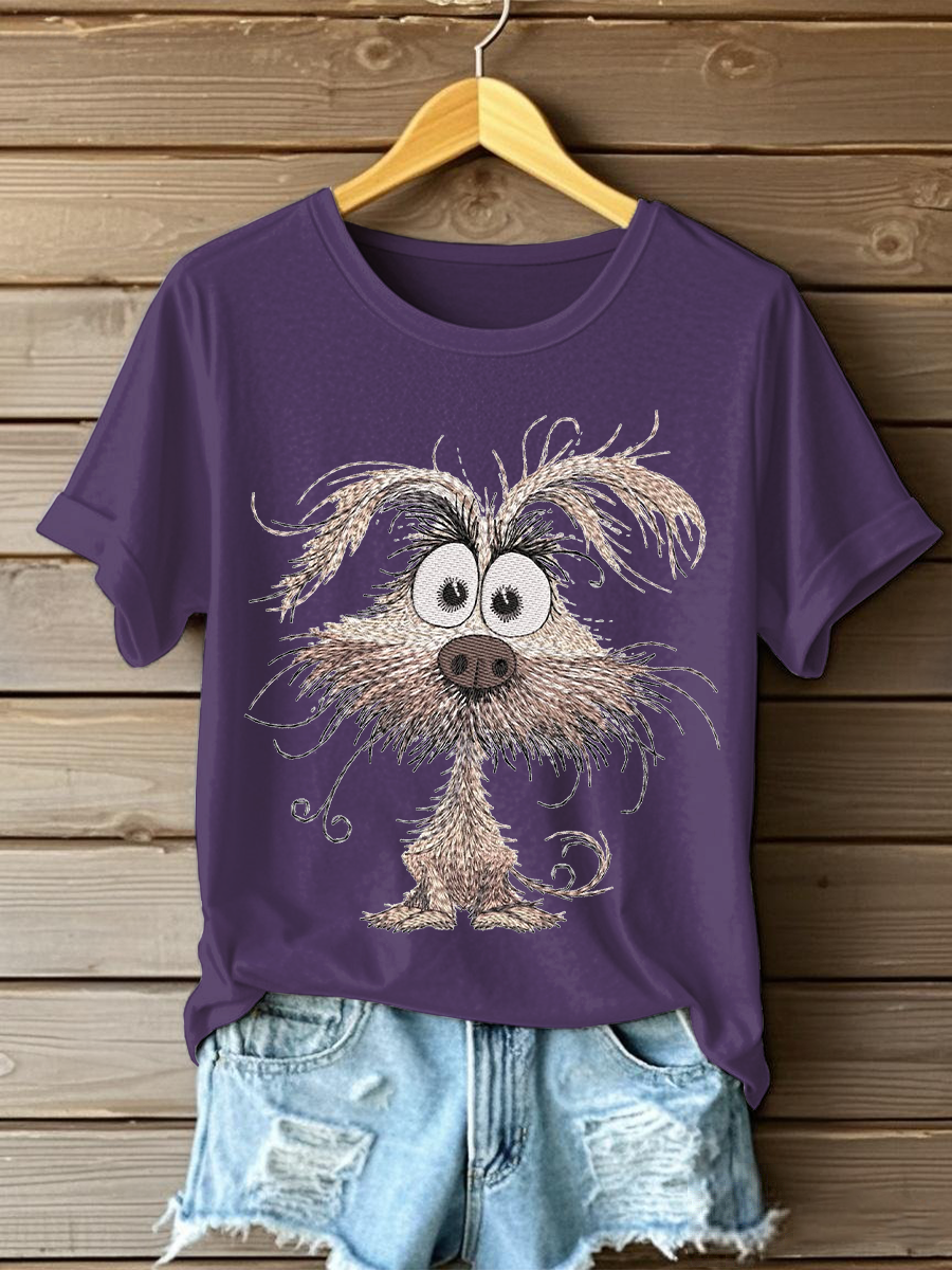 Women's Dog Embroidery Printed Casual T-Shirt