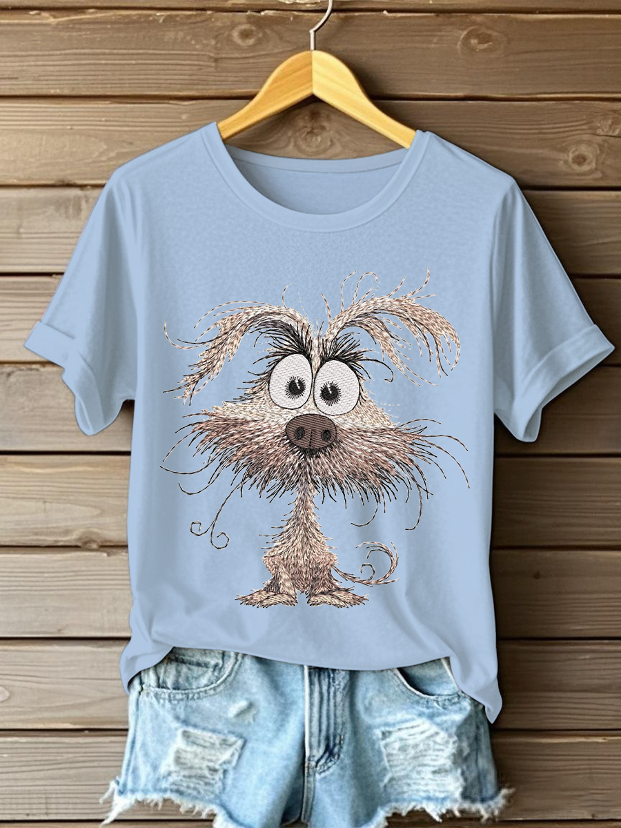 Women's Dog Embroidery Printed Casual T-Shirt