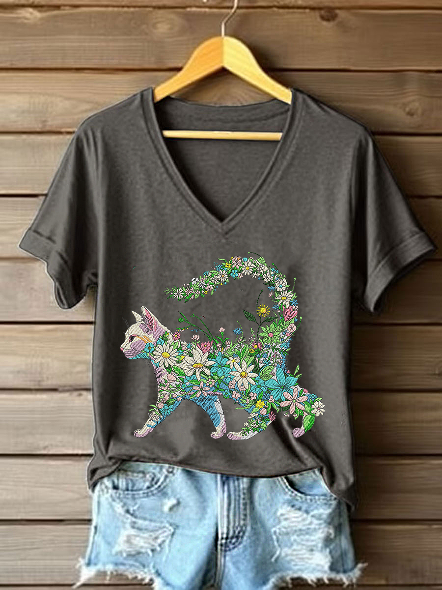 Women's Floral Cat Embroidery Casual T-Shirt