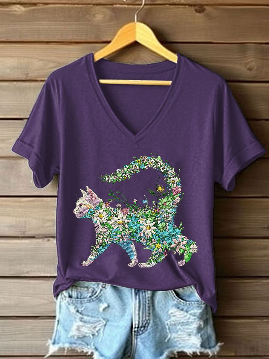 Women's Floral Cat Embroidery Casual T-Shirt