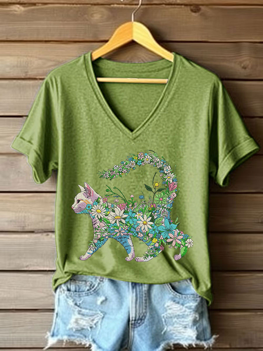 Women's Floral Cat Embroidery Casual T-Shirt